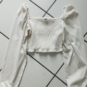 H&M Cream Smocked Long-Sleeve Square Neck Crop Top